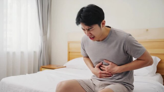 Young man in gray shirt sits on bed, visibly distressed from abdominal pain, with gradual camera zoom in, highlighting emotional struggle in a calm bedroom atmosphere