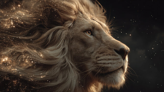 Leo zodiac sign illustrated in golden glowing style with majestic lion head, surrounded by stars and constellations on dark cosmic background, mystical astrology design with copy space for text