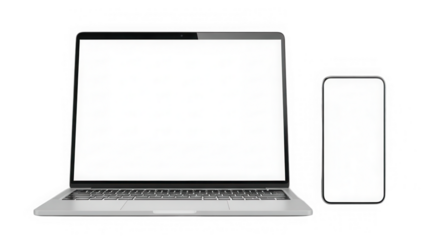 Modern laptop and smartphone with blank screen isolated on transparent background