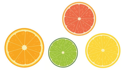 Obraz premium High resolution product photography of four vibrant citrus fruit slices arranged horizontally on a clean pure white background