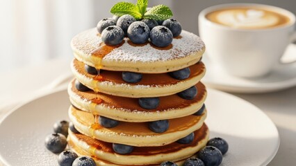 Fluffy Pancakes Topped with Fresh Blueberries and Maple Syrup