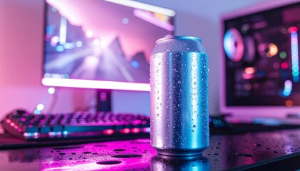 Chilled Drink Can on Desktop: A refreshing chilled drink can, beads of water glistening on its surface, sits on a desktop, set against a backdrop of a gaming computer, keyboard, and monitors.