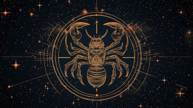 Scorpio zodiac constellation in minimal line art style, thin golden lines forming scorpion shape on dark background, modern mystical astrology design with celestial elements and copy space for text