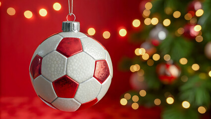 Soccer ball christmas ornament hanging in front of a festive decorated holiday tree with bokeh lights