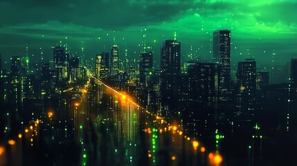 Futuristic Digital Metropolis at Night with Neon Green Lights and Advanced Technology Elements