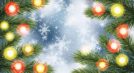 A vibrant, light blue and white background with falling snow and large snowflakes, framed by green Christmas tree branches decorated with bright, blurred red and yellow glowing lights. Ideal for winte