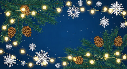 A dark blue winter holiday background frame featuring illuminated string lights, green pine tree branches, and natural brown pine cones, surrounded by falling white snowflakes and snow.