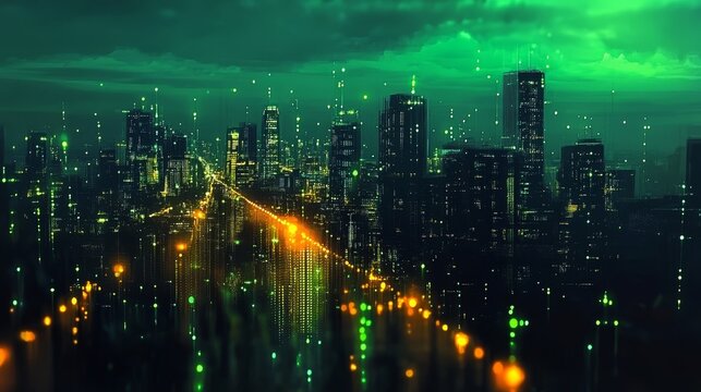Futuristic Digital Metropolis at Night with Neon Green Lights and Advanced Technology Elements