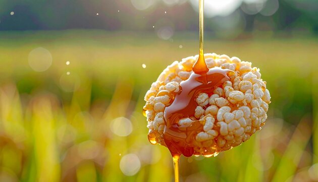 Sweet Temptation: A close-up shot of a single rice cake, adorned with glistening caramel, offering a sense of indulgence. The backdrop of golden sunlight suggests a fresh morning.