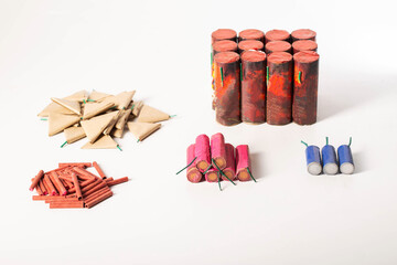 Set of different types of firecrackers and circoblits on a white background
