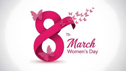 International women's day celebration with pink number eight and butterflies illustration