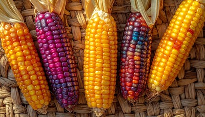 Vibrant Cornucopia: A colorful display of ripe corn cobs, showcasing a rich variety of hues and textures, suggesting the bounty of harvest season.