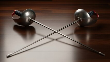 Two crossed fencing foils on a dark wooden surface symbolizing sport and competition.