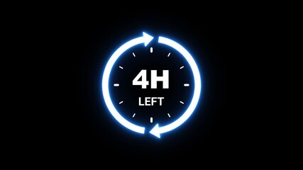 Glowing Neon Blue 4 Hours Left Timer Clock Icon on Black Background countdown