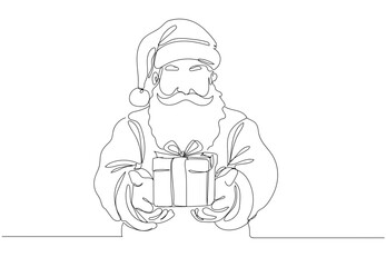 Continuous one-line drawing of Santa Claus walking cheerfully while carrying a big gift box, simple clean lines, modern Christmas style, white background, Single line draw vector illustration