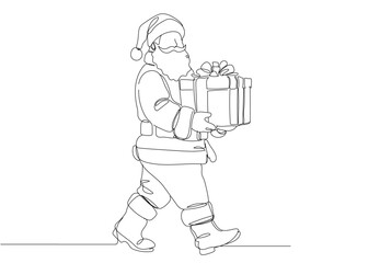 Continuous one-line drawing of Santa Claus walking cheerfully while carrying a big gift box, simple clean lines, modern Christmas style, white background, Single line draw vector illustration