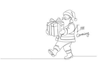 Continuous one-line drawing of Santa Claus walking cheerfully while carrying a big gift box, simple clean lines, modern Christmas style, white background, Single line draw vector illustration