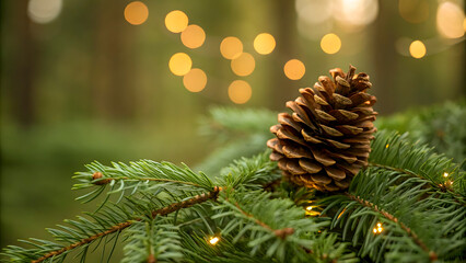 Close up of a single pine cone on a green fir tree branch with blurred warm christmas lights in the background