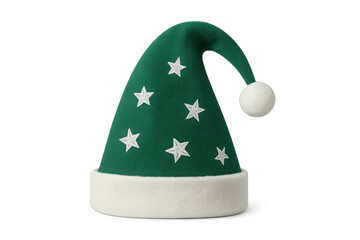 Green elf hat with stars and pompom, transparent background