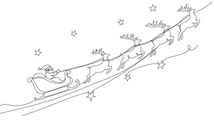 Fototapeta premium One continuous line drawing of Santa's sleigh being pulled by reindeer in motion, simple clean lines, modern Christmas style, white background, Single line draw vector illustration