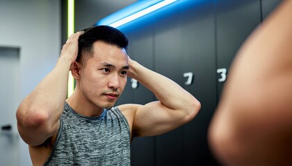 Grooming in the Gym: A focused individual in athletic attire checks his reflection, adjusting his hair in a contemporary gym setting, embodying self-care and preparation.