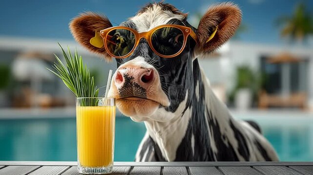 Playful cow wearing sunglasses enjoys refreshing orange juice by the poolside, showcasing a vibrant summer scene with a gradual zoom in on the delightful interaction and ambiance