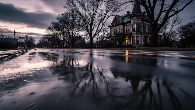 Slow panning shot across a wet, rain-slicked asphalt road. The reflections of a decrepit, decorated house and leafless trees shimmer in the puddles
