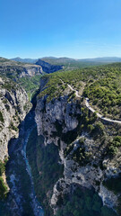 Gorges du Verdon deep canyon with river and high-altitude roads on the sides, France, Europe.