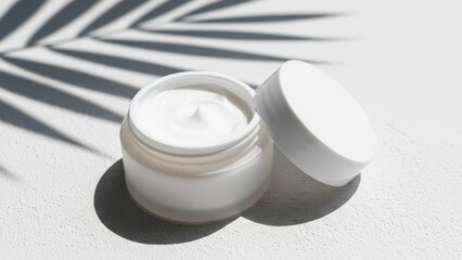 Fresh white cream in jar under tropical leaf shadow