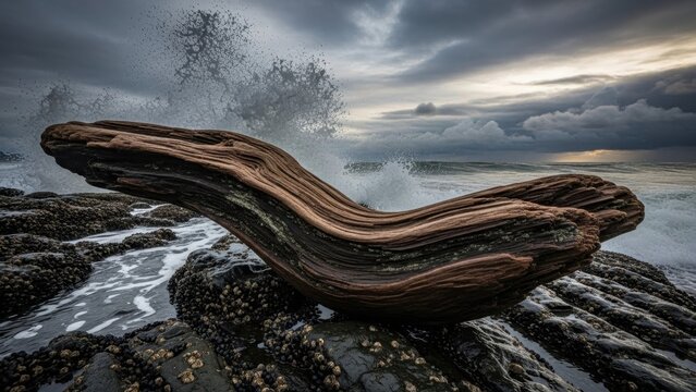 Driftwood on Rocky Shoreline with Crashing Waves and Dramatic Sky. - Powered by Adobe