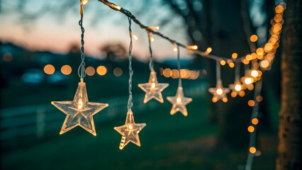 Twinkling star shaped string lights hanging from a branch at dusk with bokeh background