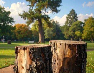 Stunning closeup of two tree stumps in a serene park with a beautiful backdrop