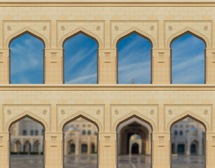 Elements of architecture of buildings, ancient arches, columns, windows and apertures. On the streets in Emirates, public places.