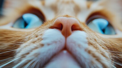 Close-up of a Beautiful Ginger Cat with Striking Blue Eyes Captivatingly Gazing into the Camera Lens