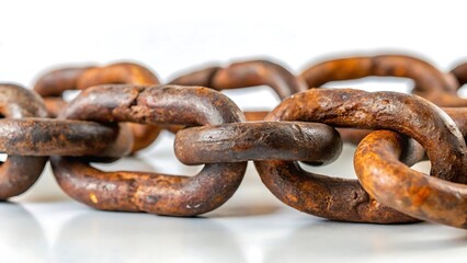 Close up of a rusty weathered metal chain on a white background