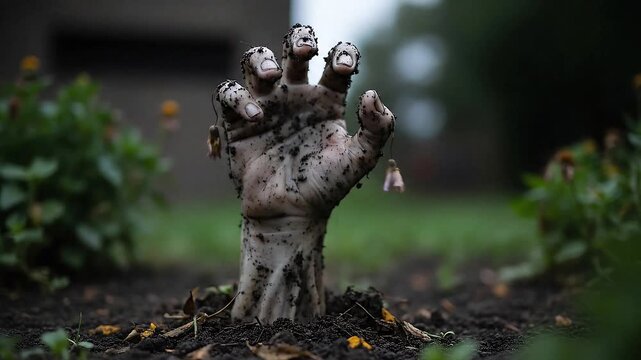 Slow push-in shot on a zombie hand prop bursting through the damp soil of a flower bed. The fingers are pale and caked with dirt