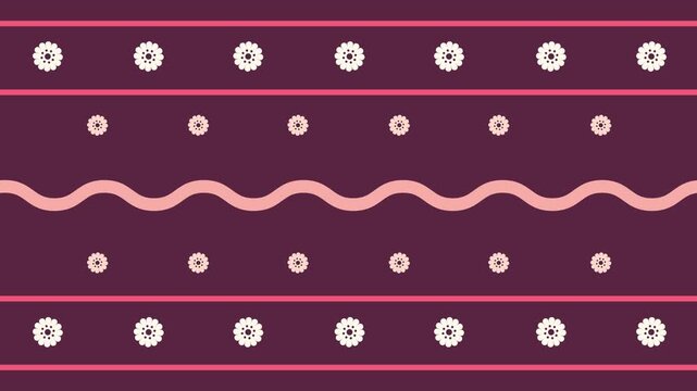 Flower and line pattern repeating in horizontal rows on maroon
