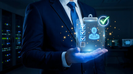 Professional IT compliance checklist shows successful data security audit in modern server room setting