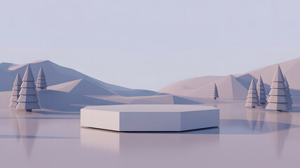 Minimalist Winter Landscape with Hexagonal Platform and Geometric Trees
