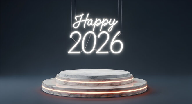 Happy 2026 neon sign above illuminated marble podium, new year celebration
