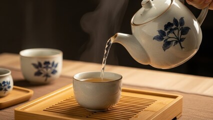 Pouring hot tea from a ceramic teapot into a small cup on a wooden tray creating a serene and traditional tea ceremony scene.
