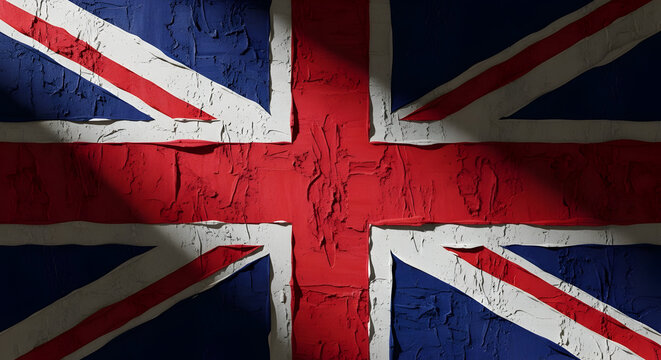 Textured union jack flag with dramatic shadows showing patriotic symbol
