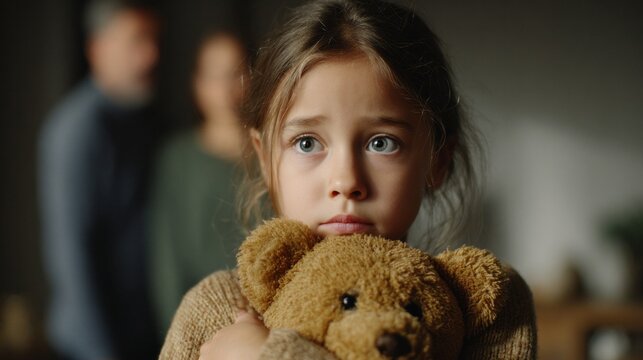 Sad little girl holding teddy bear, experiencing parental conflict and family problems, divorce process trauma