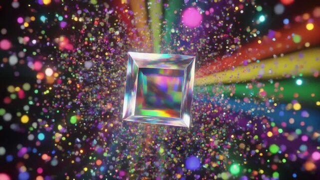 A sparkling crystal cube surrounded by a vibrant explosion of colorful bokeh lights jewel