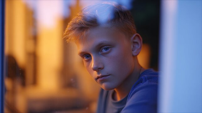 Boy looking out window reflecting loneliness and sadness during dusk, experiencing introspection and pensive thoughts