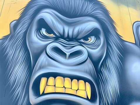 Angry gorilla face with sharp yellow teeth staring menacingly. Ferocious primate, strong jaws and hairy face.