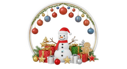 Fototapeta premium Festive christmas display with snowman and gifts in a frame isolated on transparent background