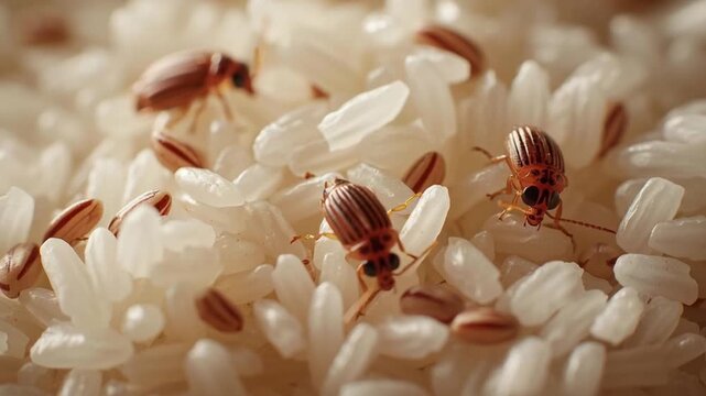 Food contamination risk pantry beetle infestation on stored rice grains closeup showing insect infestation and grain contamination concern
