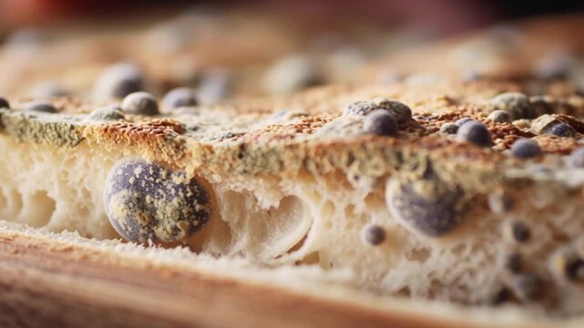 Moldy bread contamination risk food safety warning about porous crumb texture, visible spores, decay, contamination and spoilage risk to food