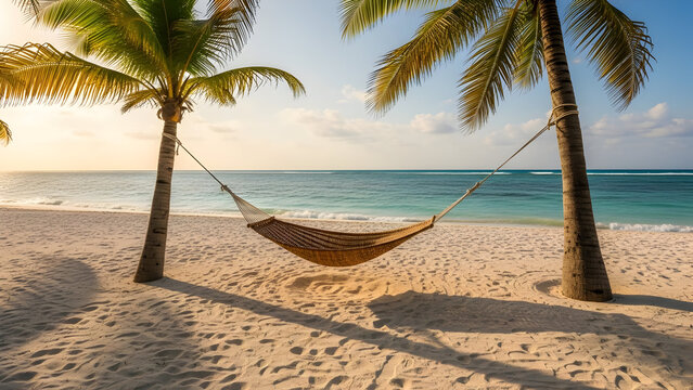 A serene tropical beach scene with a hammock strung between two palm trees, overlooking the turquoise ocean at sunset.